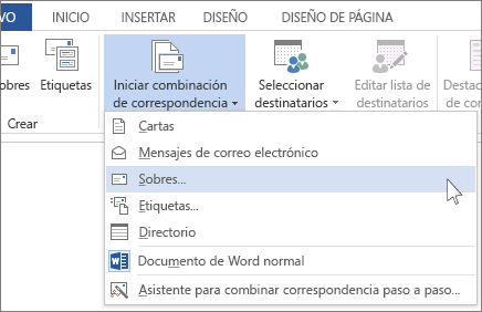 Menú Iniciar combinación de correspondencia