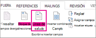 Captura de pantalla de la pestaña Correspondencia de Word, donde se muestra el comando Línea de saludo resaltado.