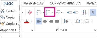 El botón Numeración en el grupo Párrafo de la pestaña Inicio