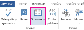 Comando Diccionario de sinónimos en las herramientas de revisión de la pestaña revisar