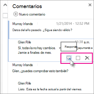 Imagen del comando Responder bajo un comentario en el panel Comentarios en Word Online.