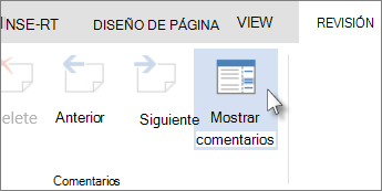 Imagen del comando Mostrar comentarios en la pestaña Comentarios en la Vista de lectura de Word Online