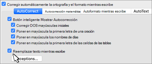 Word para mac reemplazar texto mientras escribe casilla.