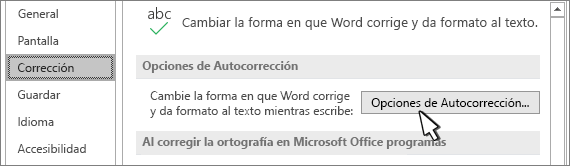 Botón Opciones de autocorrección en el cuadro de diálogo Corrección