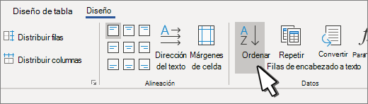 Botón Ordenar cuando tiene una tabla seleccionada