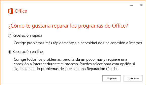Cuadro de diálogo Reparar de Office al reparar la aplicación de sincronización de OneDrive para la Empresa