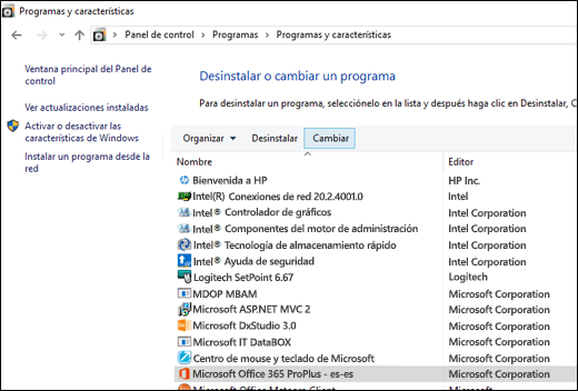 Hacer clic en Cambiar en el applet Desinstalar programas para iniciar una reparación de Microsoft Office