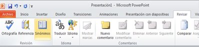 Diccionario de sinónimos en la pestaña Revisión de la cinta de PowerPoint