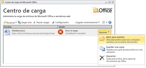 Menú Resolver del Centro de carga
