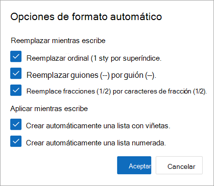 Elija las opciones de formato automático que desee y seleccione Aceptar.