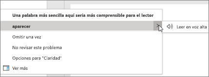 El menú contextual del Editor le ofrece varias opciones para la sugerencia actual.