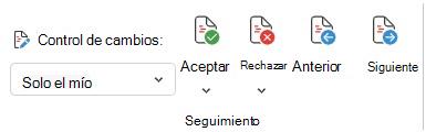Menú para realizar un seguimiento de los cambios en Word Web