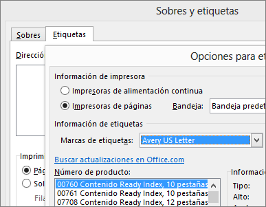 Elegir un diseño compatible con Avery en el cuadro de diálogo Opciones de etiqueta
