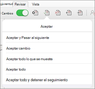 Menú Aceptar cambios