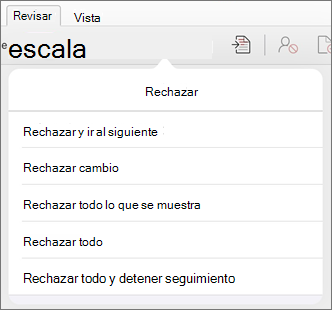 Menú Rechazar cambios