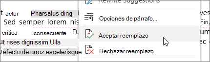 Haga clic con el botón derecho para aceptar o rechazar un cambio.