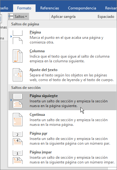 Las opciones de salto se muestran en la pestaña Diseño.