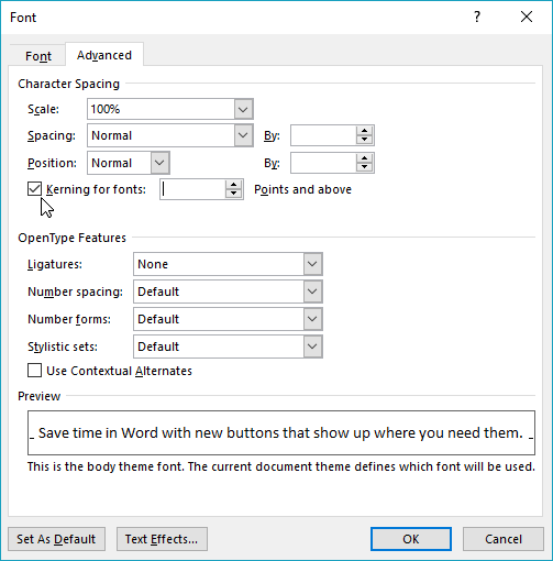Permitir que Word configure el interletraje entre caracteres de un determinado tamaño de fuente o uno superior