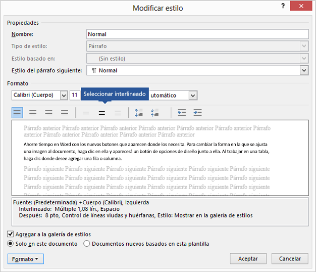 Modifique las opciones de interlineado en su estilo para ajustar el espaciado vertical en Word.