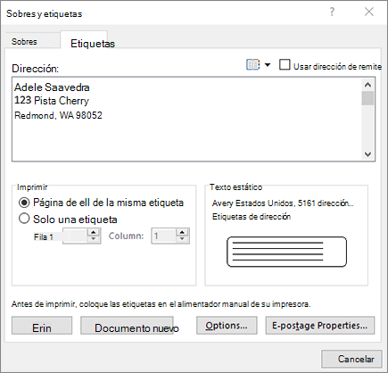 Cuadro de diálogo Sobre y etiquetas: etiquetas