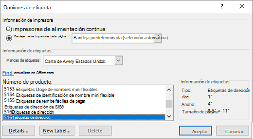 Cuadro de diálogo Opciones para etiquetas