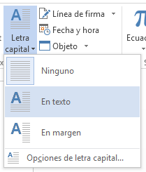 En el menú Letra capital, seleccione En texto.