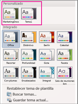El menú Temas muestra los temas personalizados e integrados