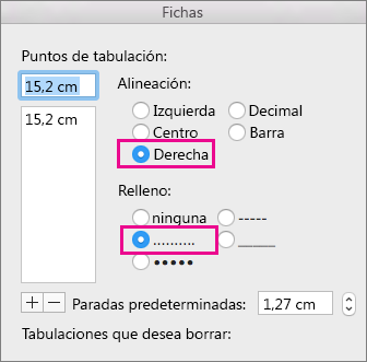 Cuadro de diálogo Tabulación, configurado para una tabulación alineada a la derecha con puntos