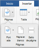 Opciones del menú Páginas