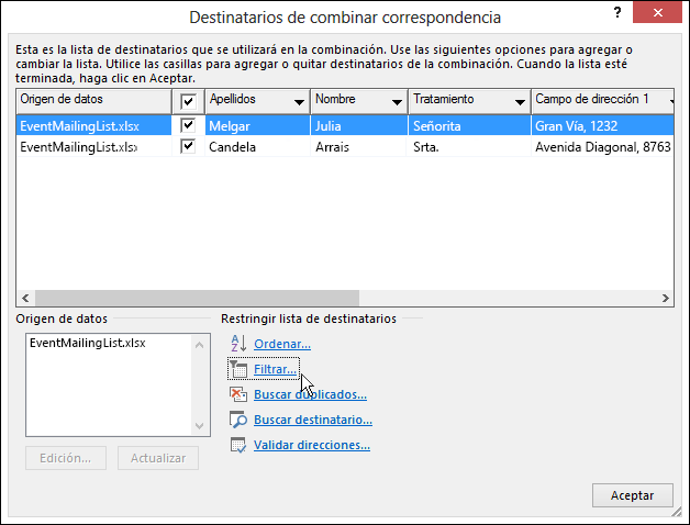Como parte de una combinación de correspondencia de Word, los resultados de un filtro aplicado en una lista de destinatarios.