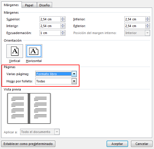 En la pestaña Márgenes en Páginas, cambie la configuración para varias páginas: en Formato libro. La orientación cambia a horizontal.