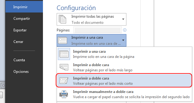 En Configuración, cambie Imprimir a una cara por Imprimir en ambas caras.