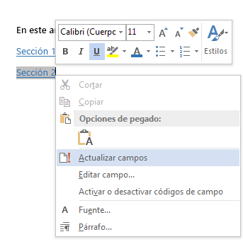 Menú contextual de una referencia de marcador