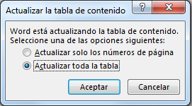Actualizar el cuadro de diálogo Tabla de contenido