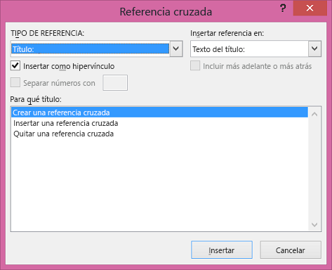 Cuadro de diálogo de referencia cruzada en Word