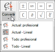 Imagen del menú Convertir que muestra los optios de formato para convertir la ecuación.