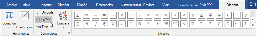 Imagen de la pestaña Diseño que muestra los formatos de ecuación disponibles para el formato LaTex.