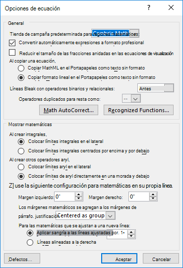 Imagen que muestra el cuadro de diálogo Opciones de ecuación