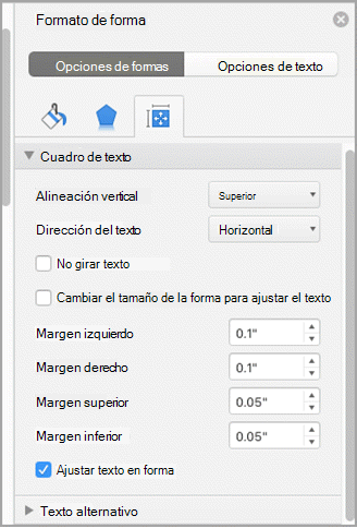 Captura de pantalla del panel Formato