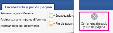 En la pestaña Encabezado y pie de página, Cerrar está resaltado