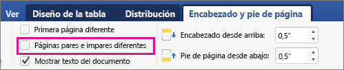 Páginas pares e impares diferentes está resaltada en la pestaña Encabezados & Pies de página