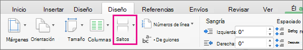Haga clic en Saltos para elegir el tipo de salto de página que se insertará en la posición actual del cursor.