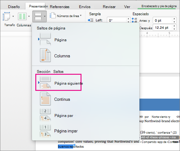 Haga clic en Página siguiente para insertar un salto de sección que hace que el texto después del salto que comience en la página siguiente.