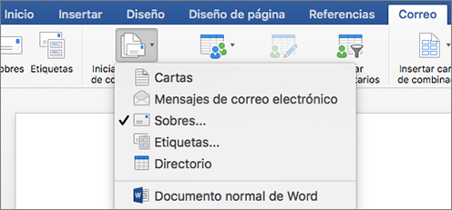 En la pestaña Correspondencia, seleccione Sobres en la lista Iniciar combinación de correspondencia.