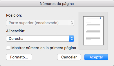 En Números de página, establezca la posición y alineación de los mismos.