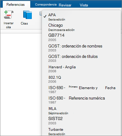 En la pestaña Referencias, se resaltan los estilos de cita.