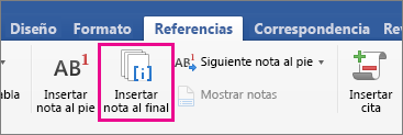 En la pestaña Referencias, el botón Nota al final está resaltado