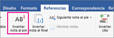 En la pestaña Referencias, el botón Nota al pie está resaltado