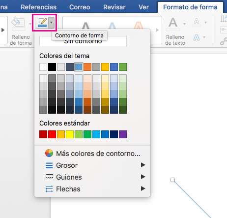 Pestaña Formato de forma con la opción Contorno de forma resaltada.