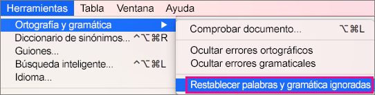 Para borrar las listas de palabras y opciones de gramática que Word omite, haga clic en Restablecer palabras y gramática ignoradas.
